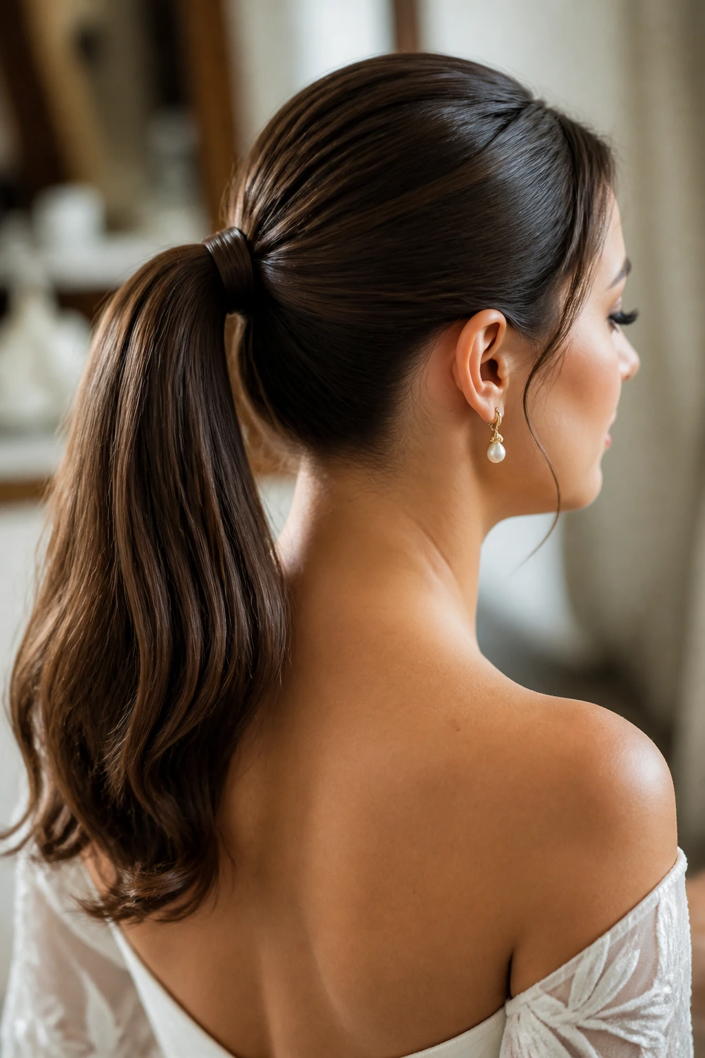 Close-up of a bride with a sleek ponytail featuring a wrapped base