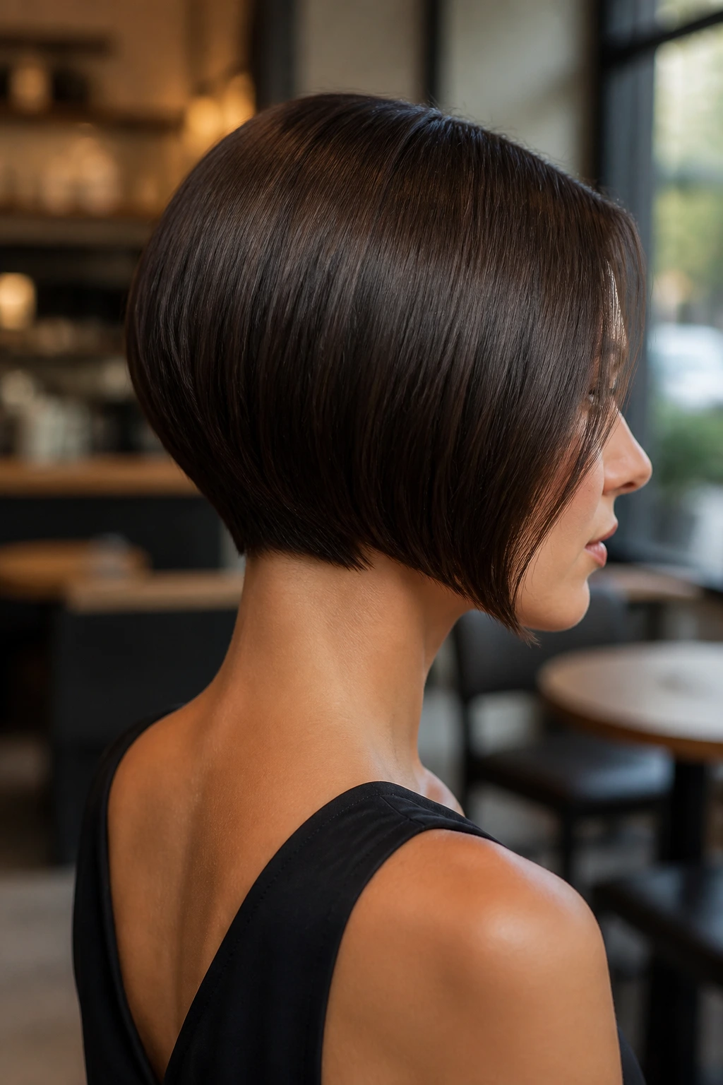 Portrait of real woman with Sleek Precision Stack showing crisp lines and glossy finish.