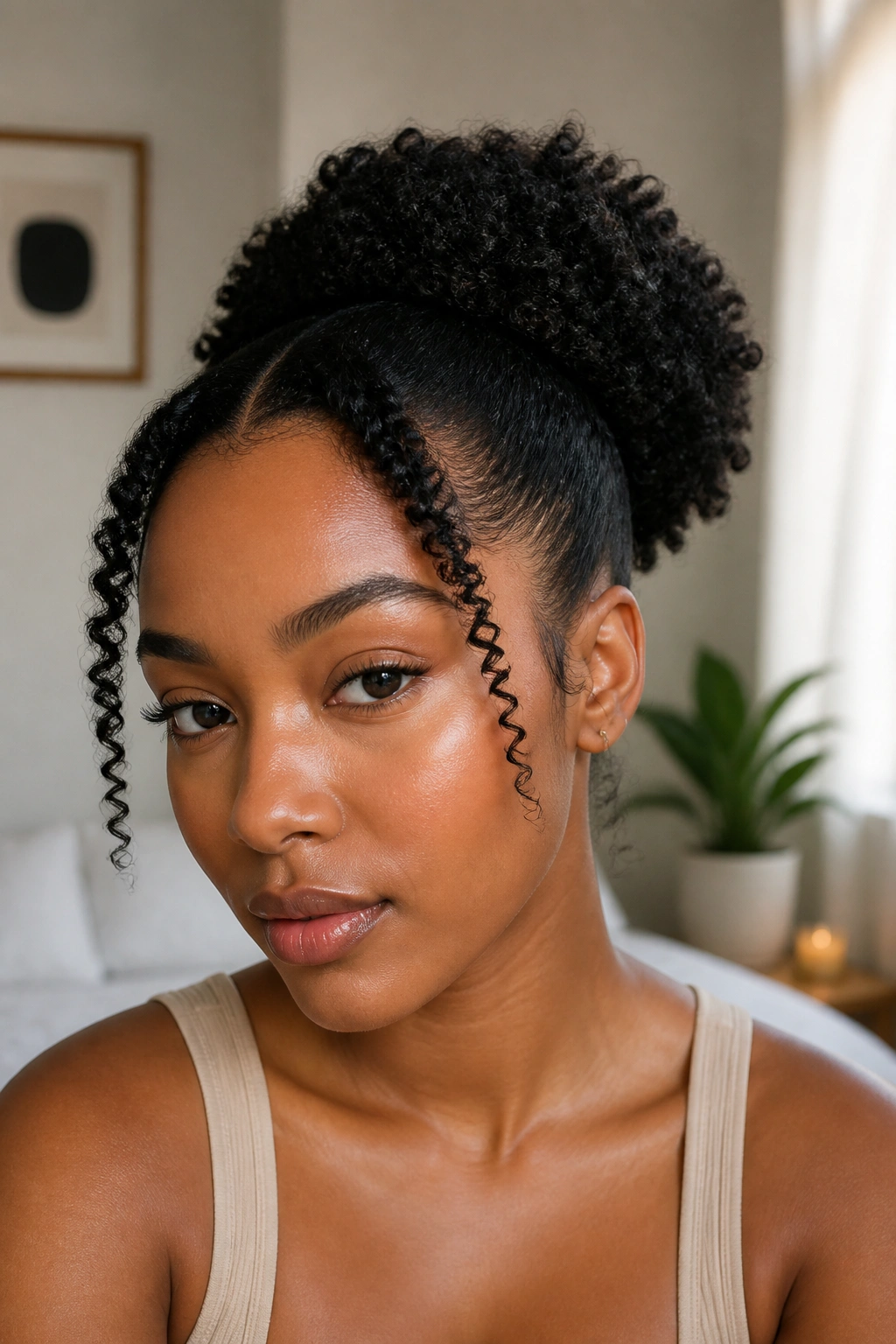 Close-up of a real woman with Sleek Puff With Defined Front Pieces, high back puff and defined front pieces.