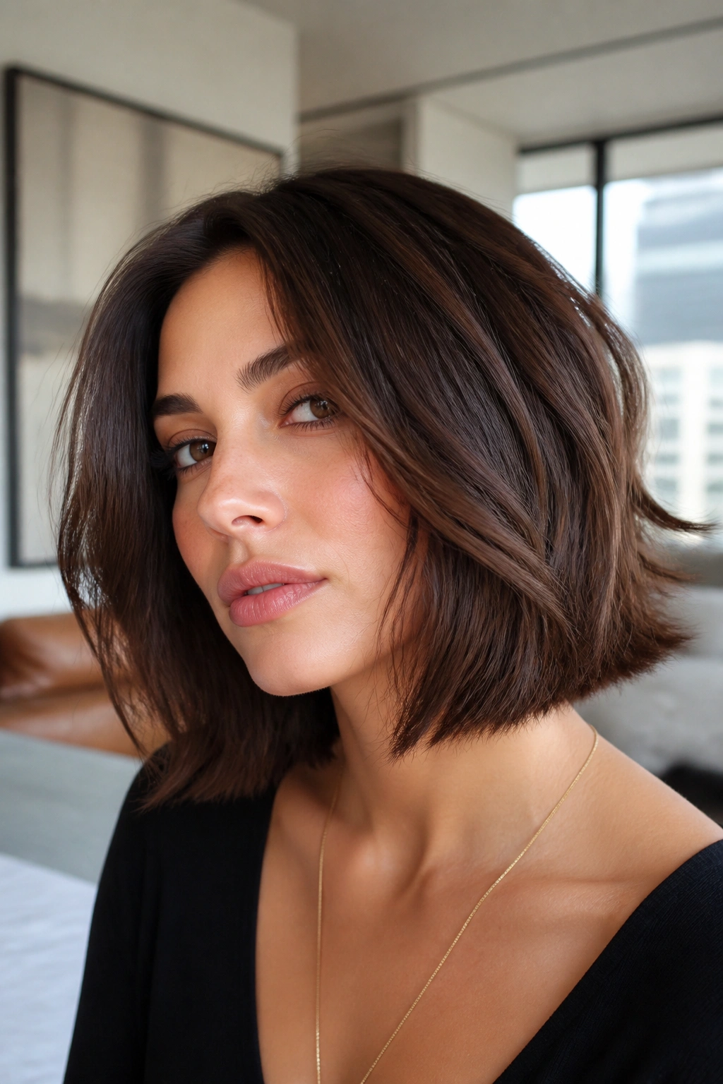 Close-up of a real woman with sleek-root shaggy bob and bent ends in daylight