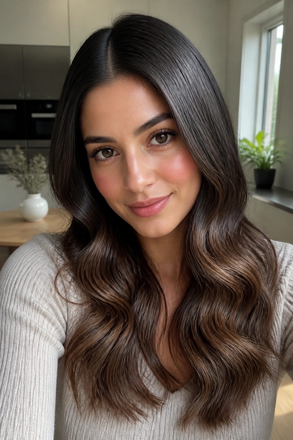 Close-up of a person with a sleek root and wavy ends hairstyle