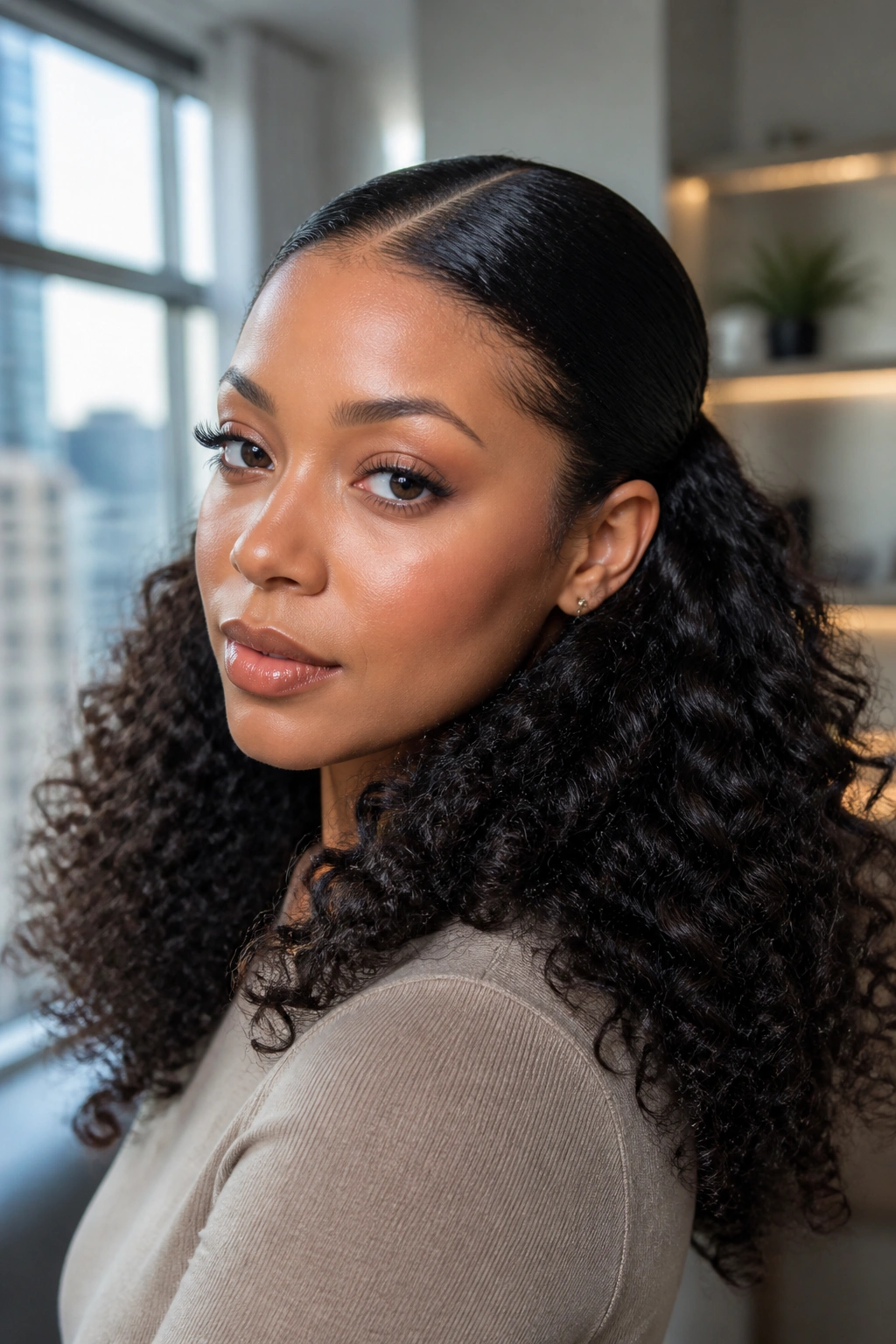 Close-up portrait of a real woman with sleek roots and big curly ends, showcasing contrast between smooth roots and full curls.