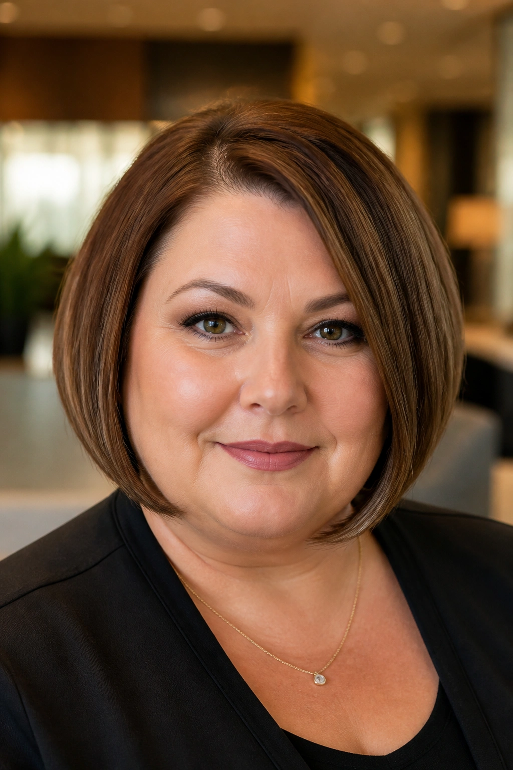 Close-up portrait of a real woman with a sleek rounded bob framing the face for plus-size hair.
