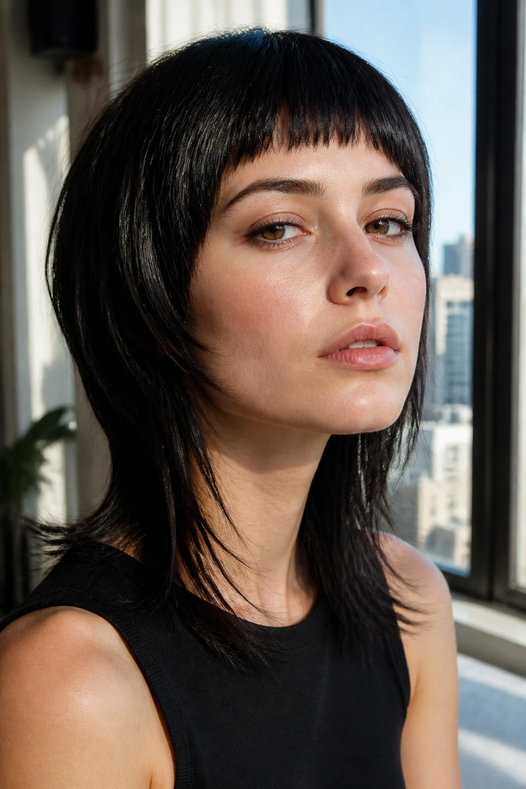 Close-up of sleek shag with micro fringe on a real person