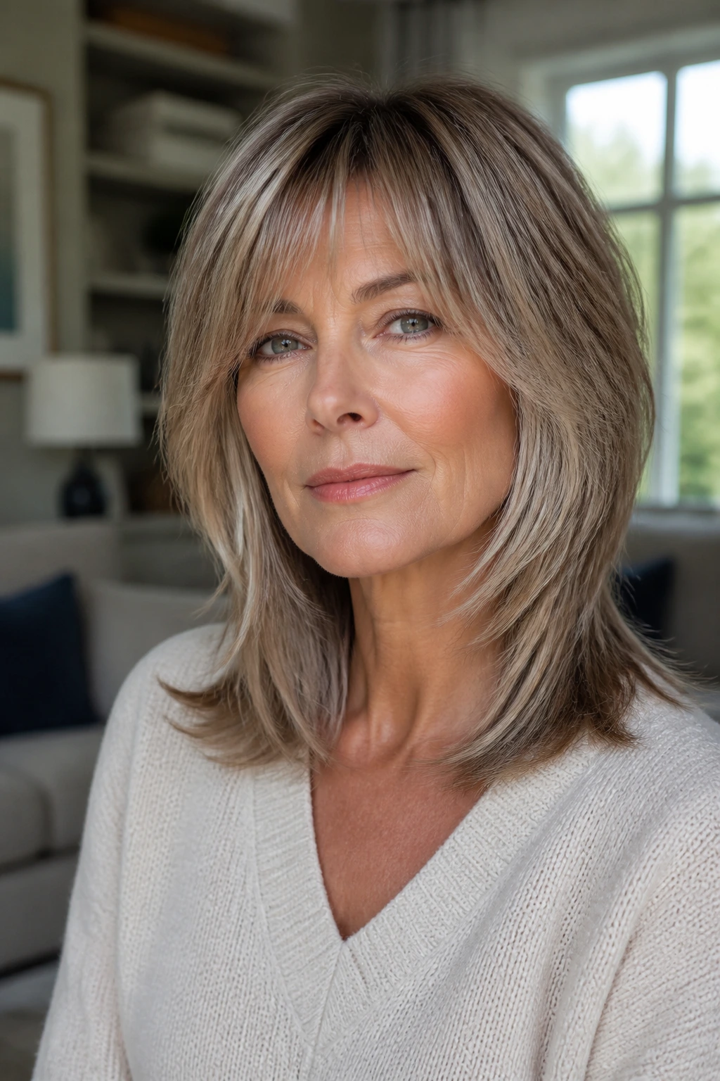 Close-up portrait of a real woman with sleek shag and polished ends