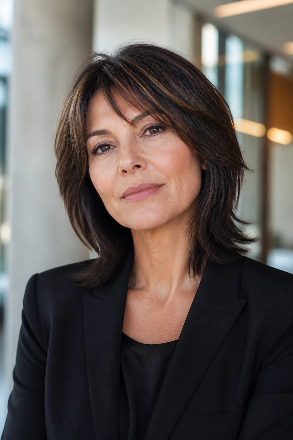 Close-up of a woman with sleek-yet-shaggy hairstyle in a professional setting.