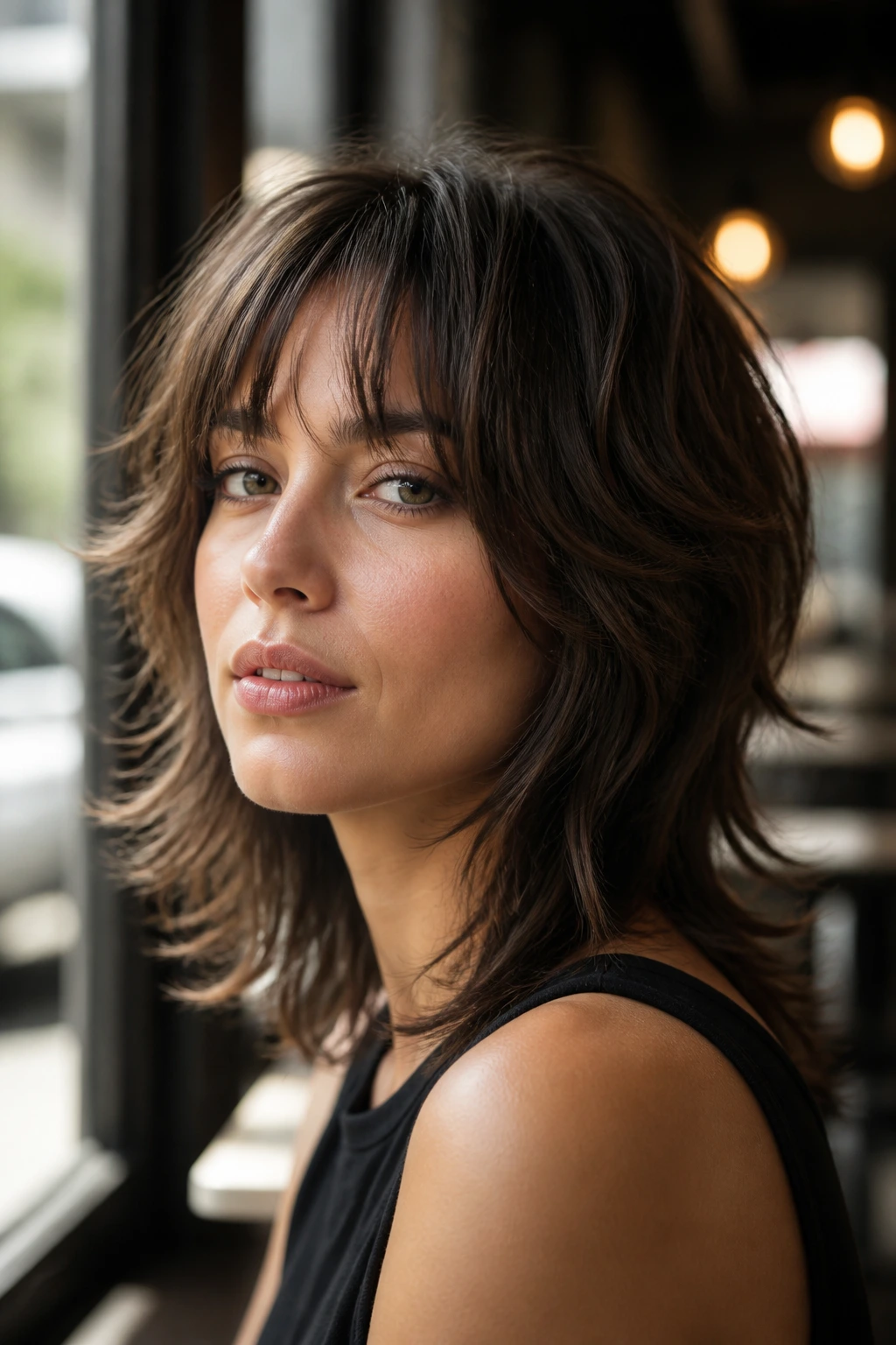 Close-up of a real person with sleek shaggy wolf cut and soft bends in cafe window light
