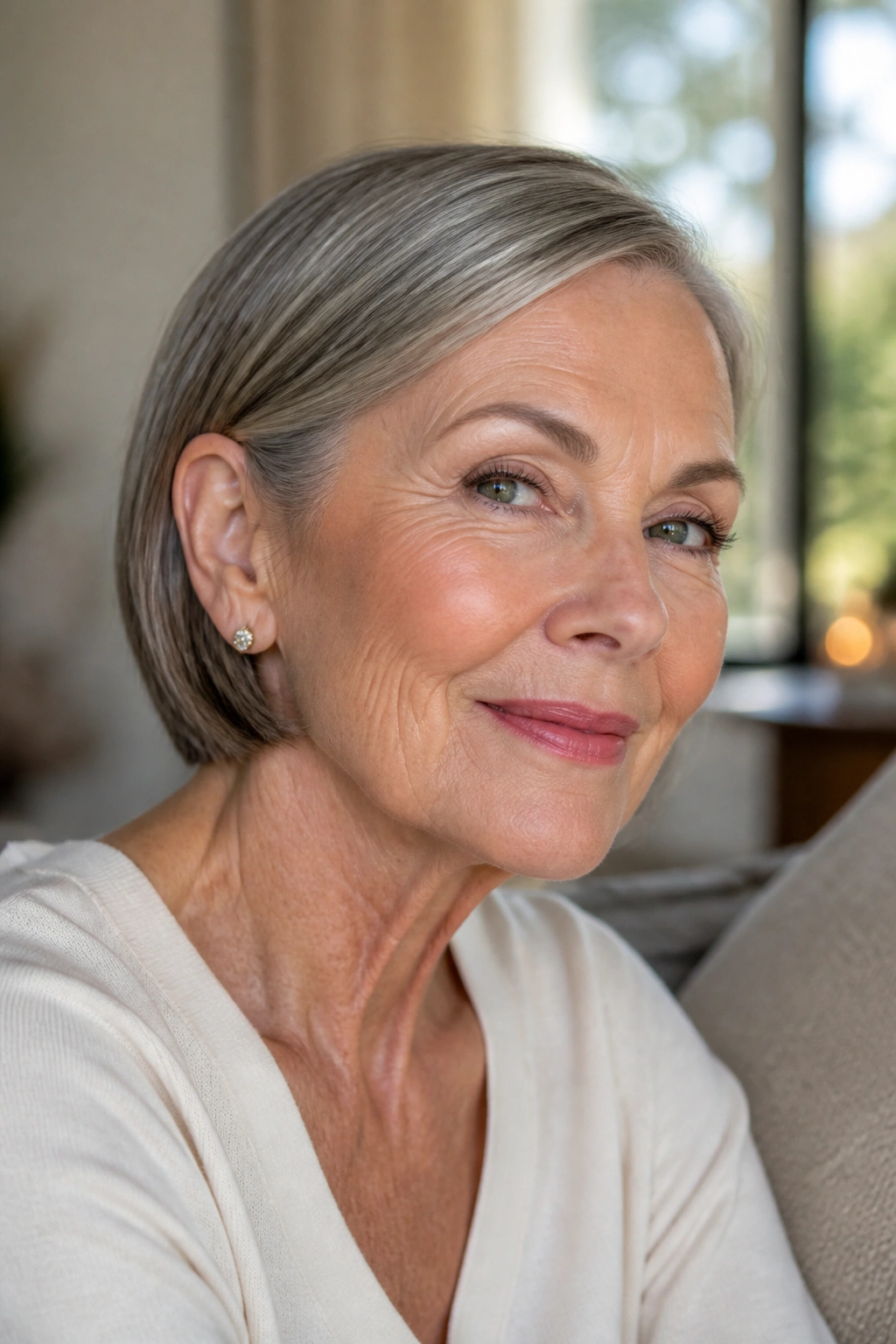 Older woman with a sleek short bob tucked behind the ear