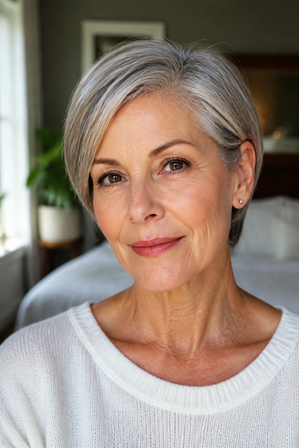 Close-up of a woman with a sleek short crop tucked behind the ear in natural window light.