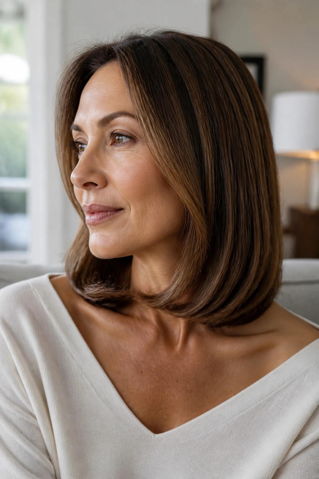 Portrait of a real woman with a sleek shoulder cut and tucked-under ends.