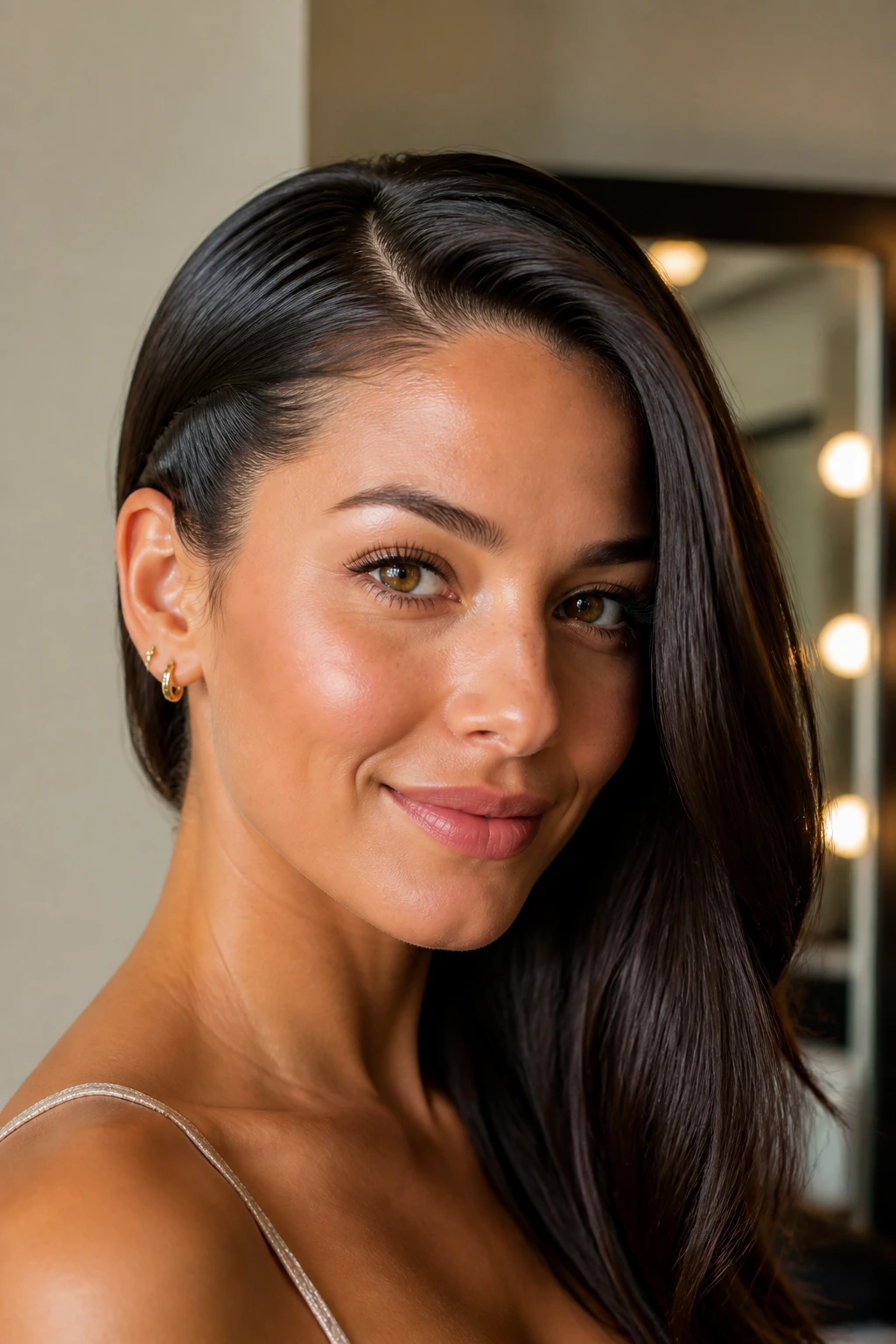 Close-up of a real woman with a sleek side part and ends tucked behind the ear