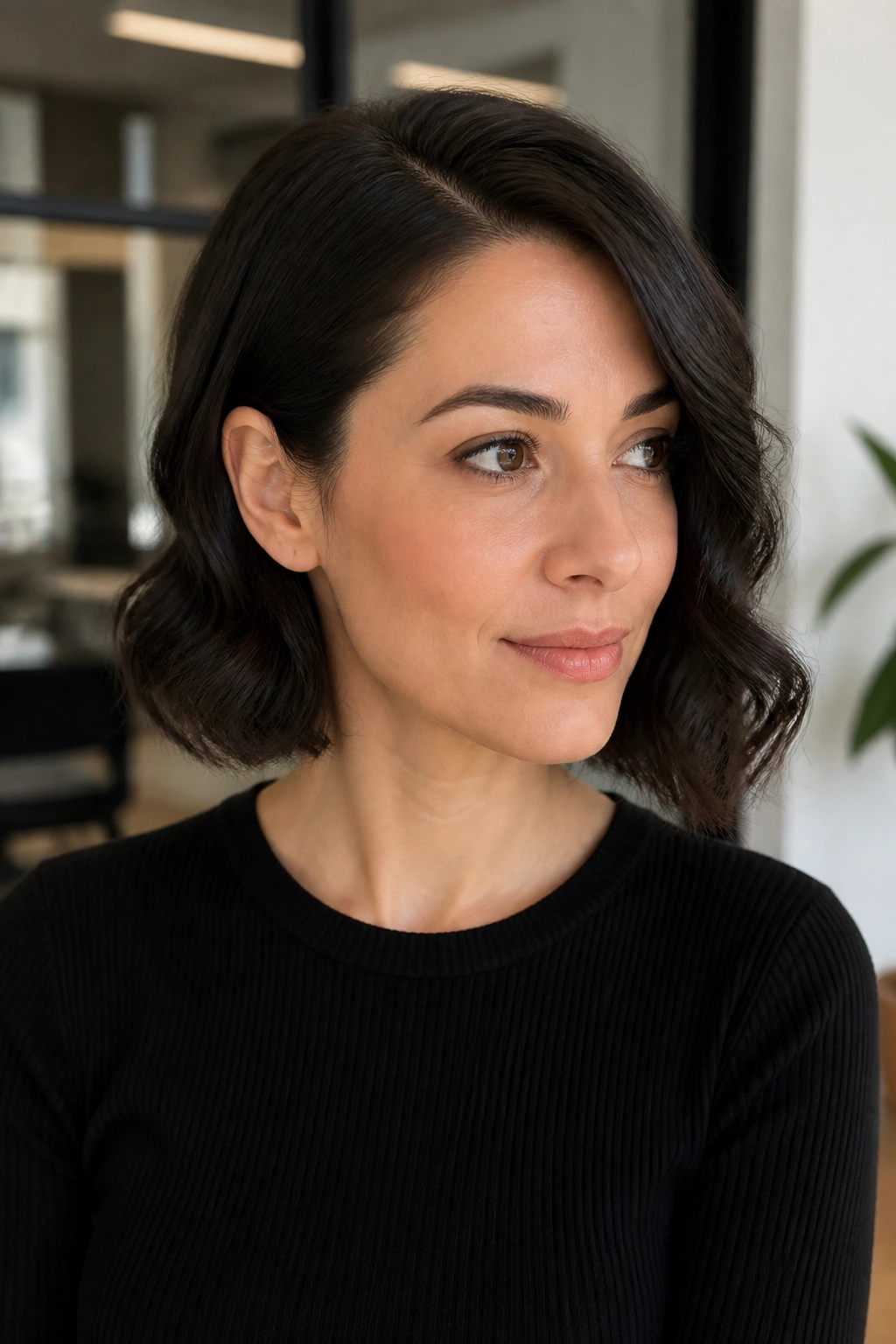 Close-up of a real woman with sleek side-part bob and wavy ends in soft daylight