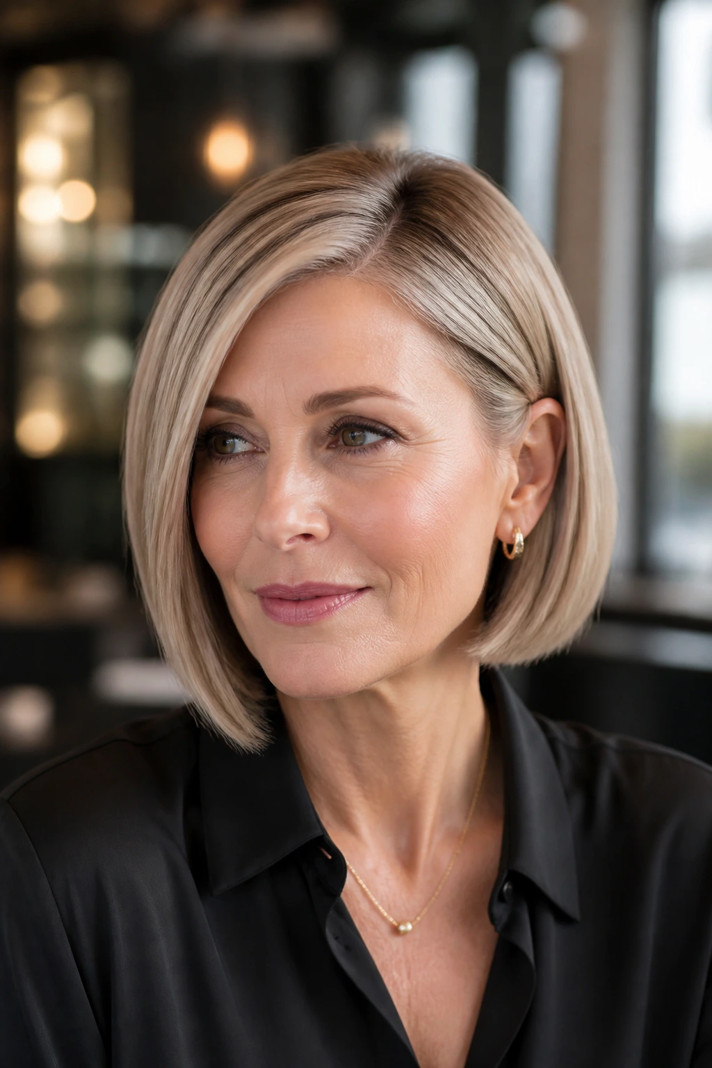 Real woman with sleek side-part bob in soft lighting.