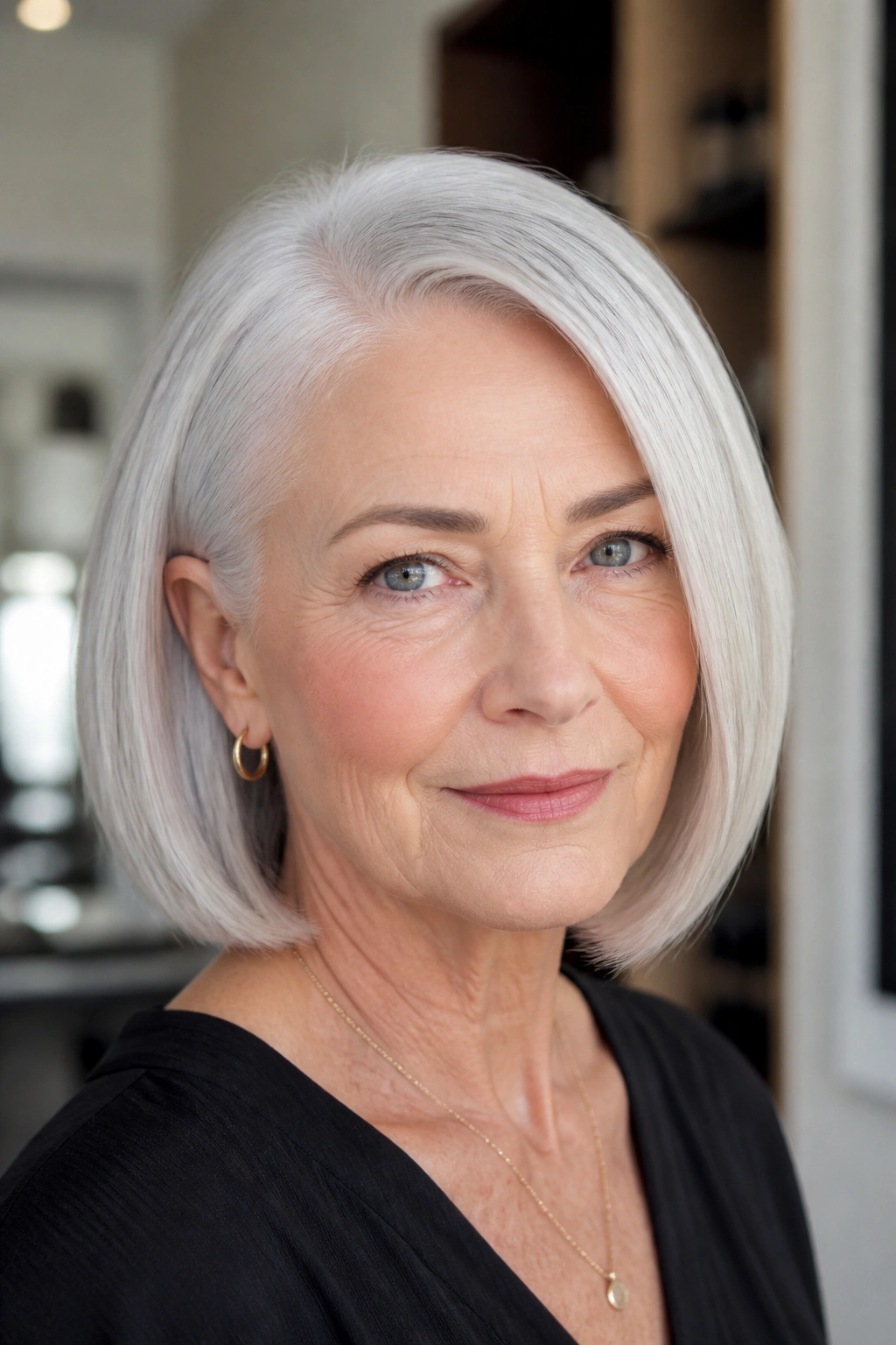 Close-up of a real woman with sleek side-part bob under bright daylight