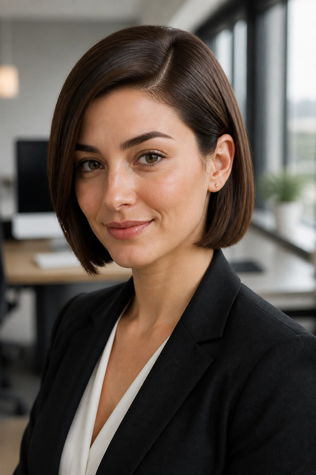 Close-up of a real woman with sleek side-part bob for work.