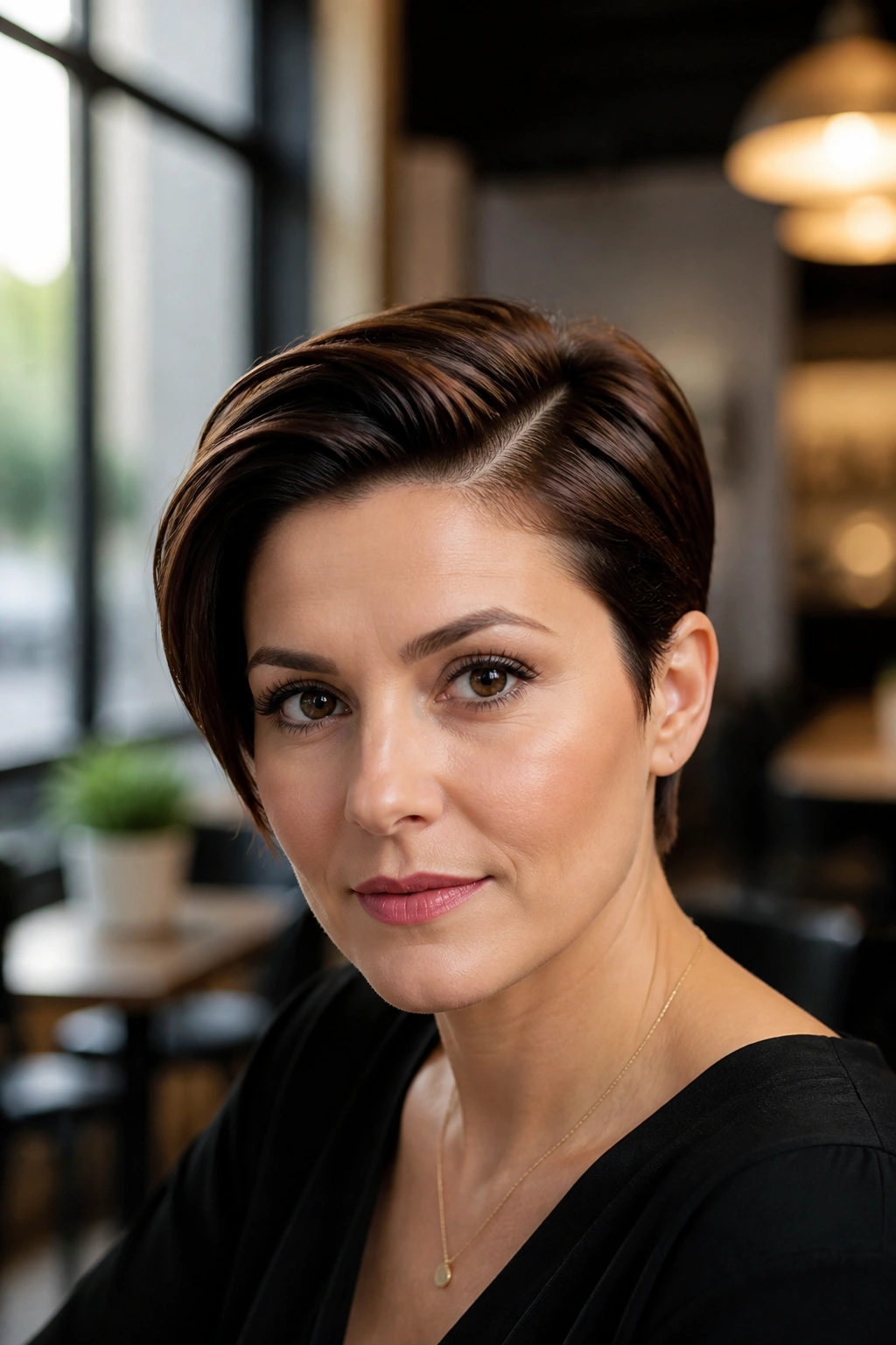 Close-up of a real woman with sleek side-part crop and glossy finish