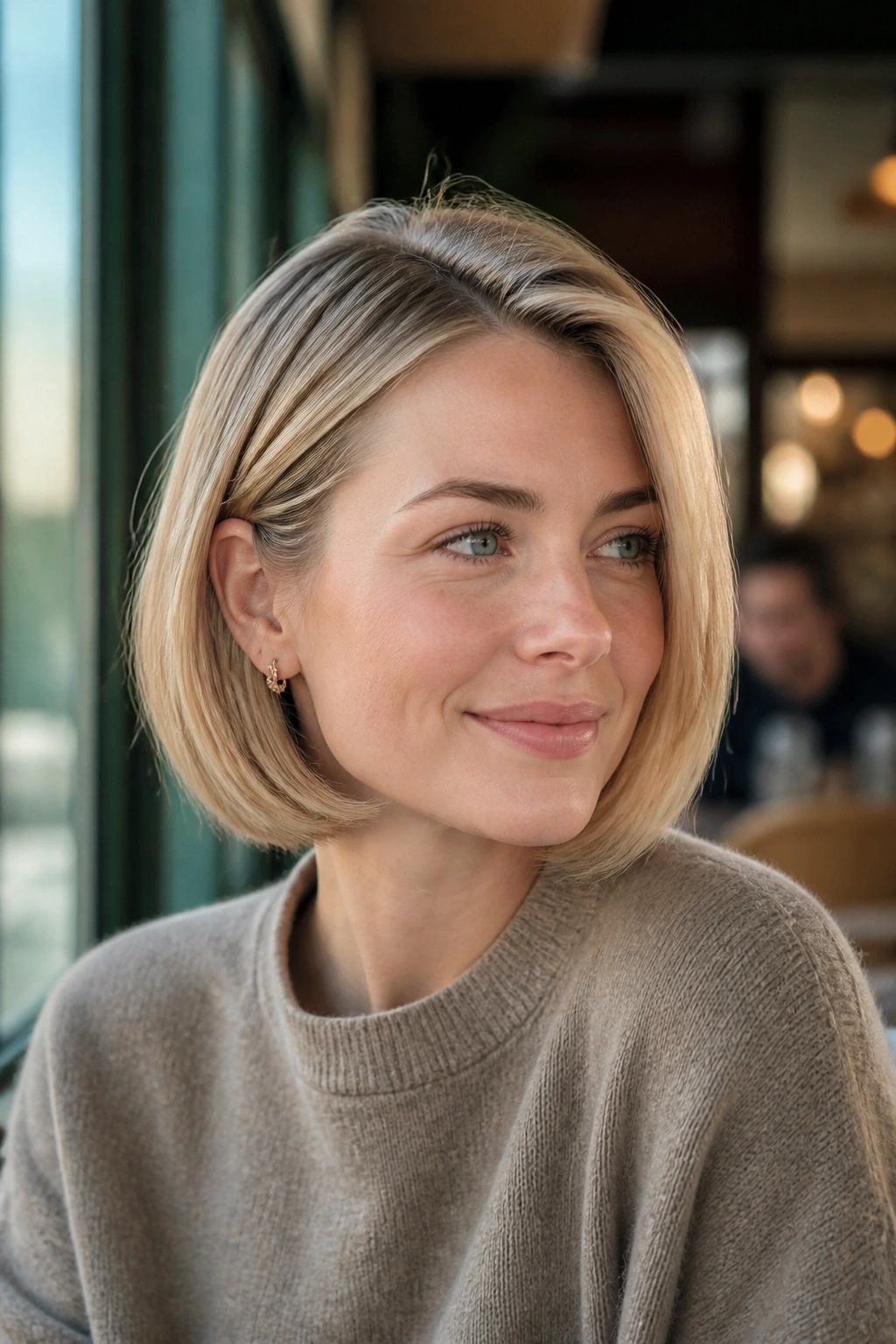 Close-up portrait of a real woman with a sleek side-part Swedish bob