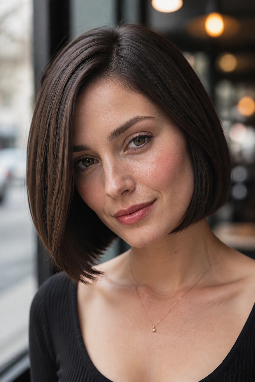 Close-up of a person with a sleek side-parted bob in cafe daylight