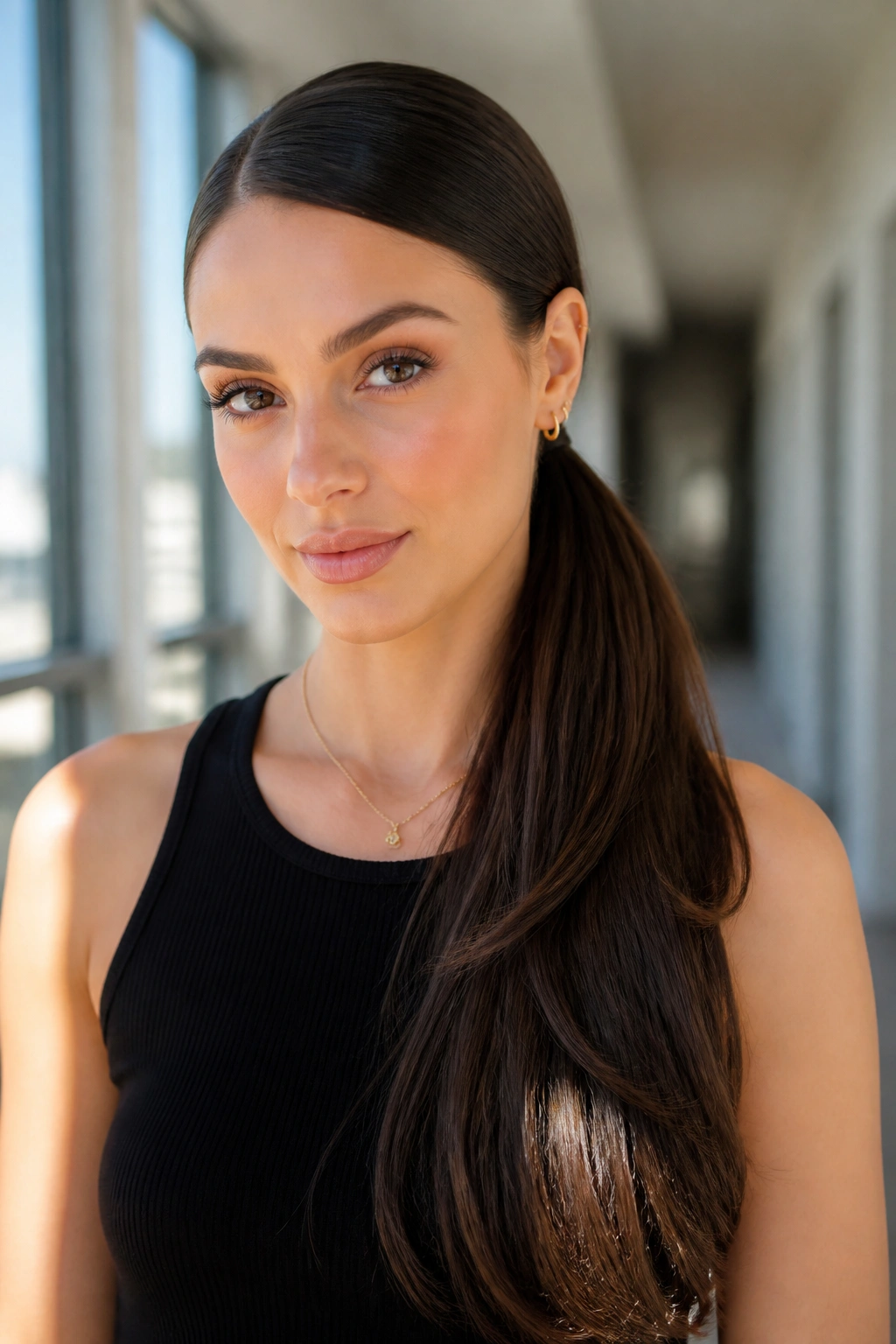 Close-up of a real woman with a sleek side ponytail over one shoulder
