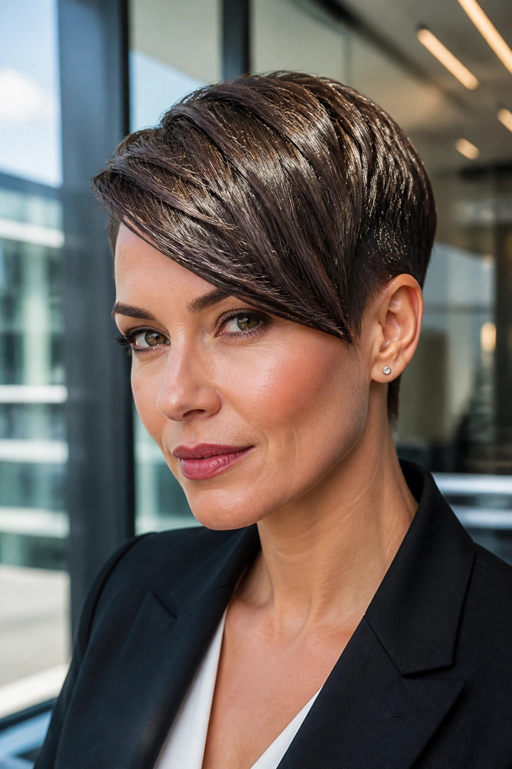Portrait of a real person with a sleek side-swept pixie in a bright office