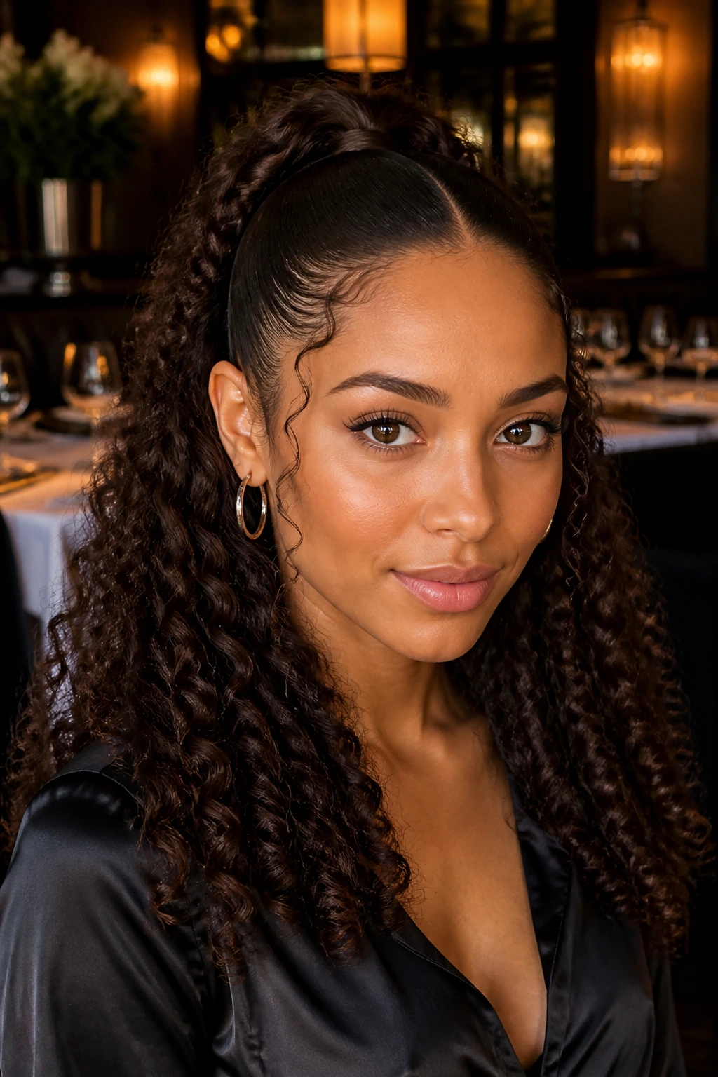 Close-up of a person with sleek sides and long curly length