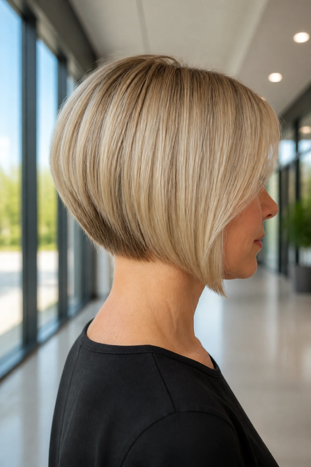 Close-up of a woman with a sleek stacked bob on fine hair