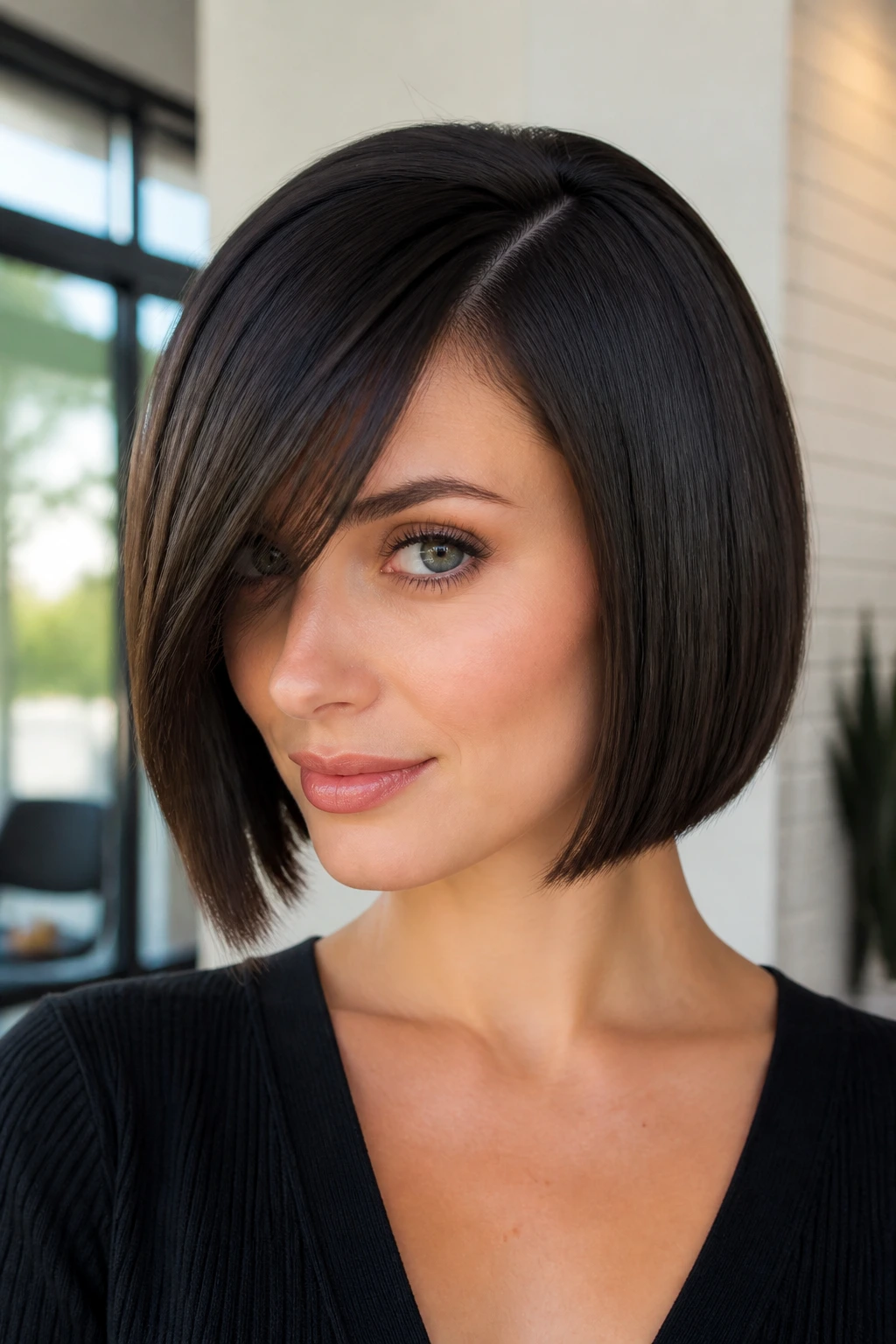Close-up of a woman with a sleek straight bob and deep side part