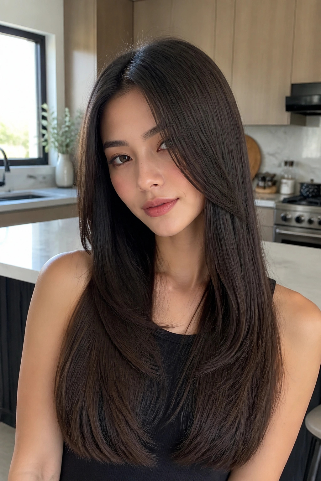 Portrait of a real woman with sleek straight butterfly cut.