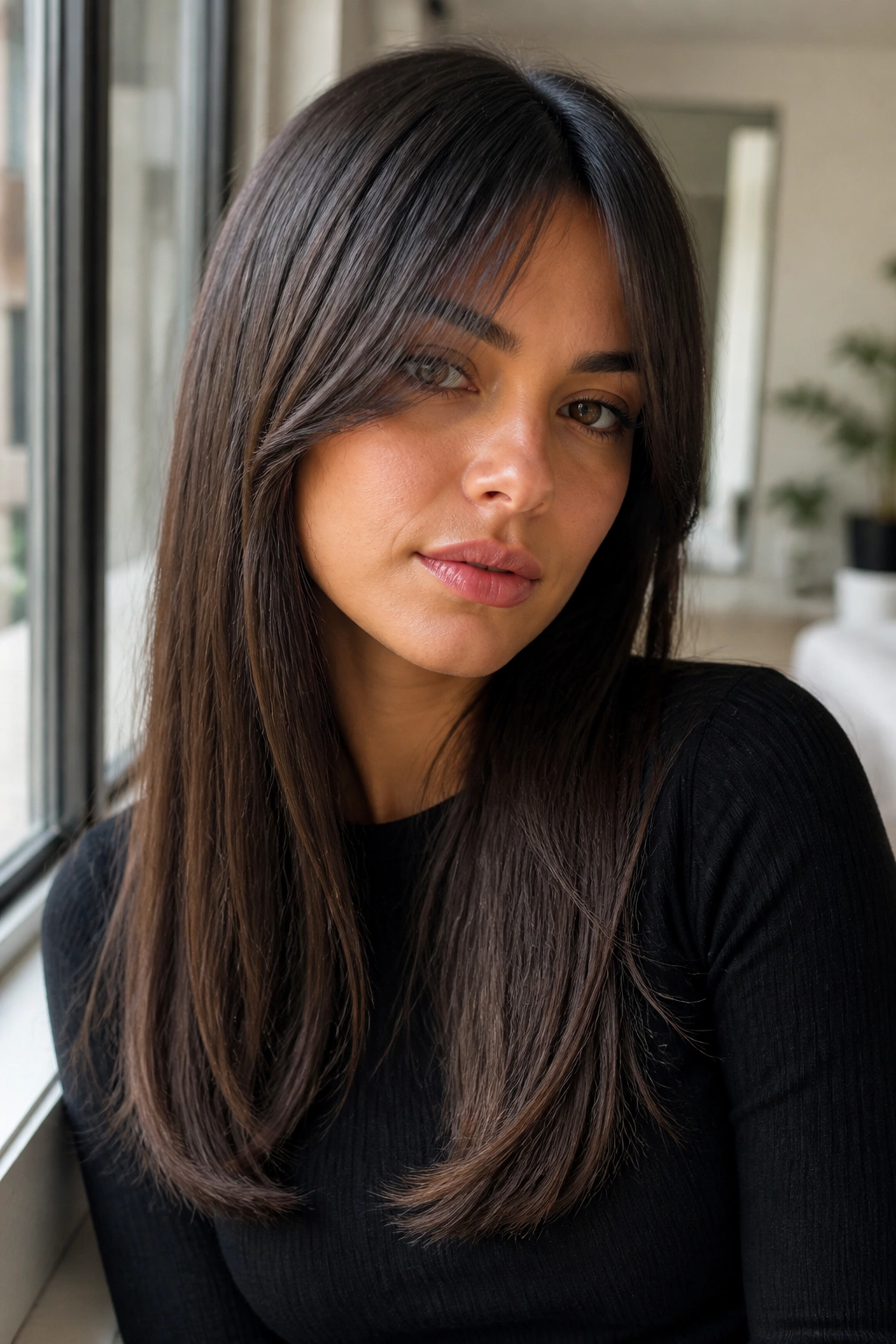 Close-up of a real person with sleek straight hair and soft curtain bangs