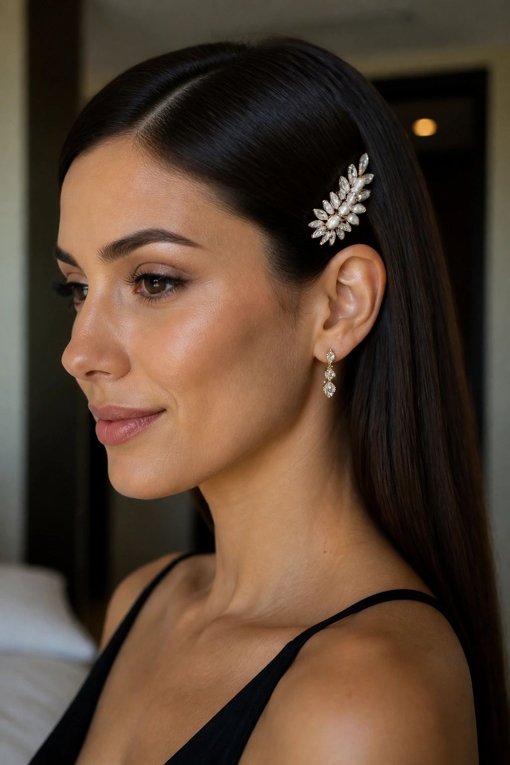 Portrait of a real woman with sleek straight hair and a statement barrette above the ear.