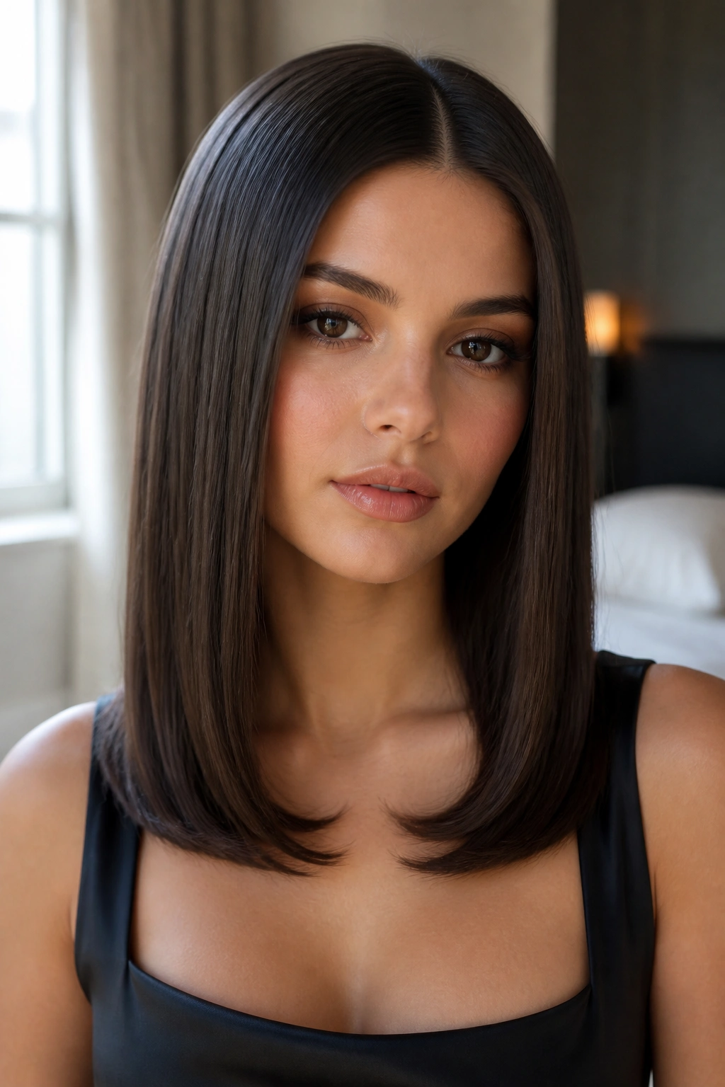 Close-up of a real woman with sleek straight hair and tucked-under ends in soft window light