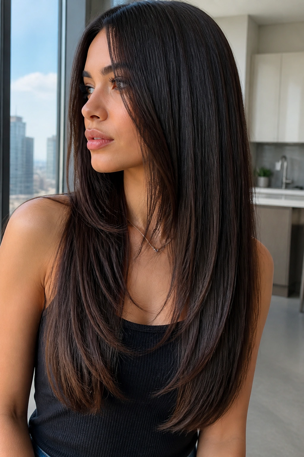 Close-up of a real woman with sleek straight layered hair in a bright modern kitchen setting.