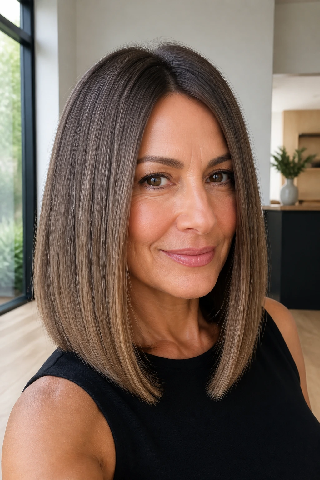 Close-up portrait of a real woman with a sleek straight lob