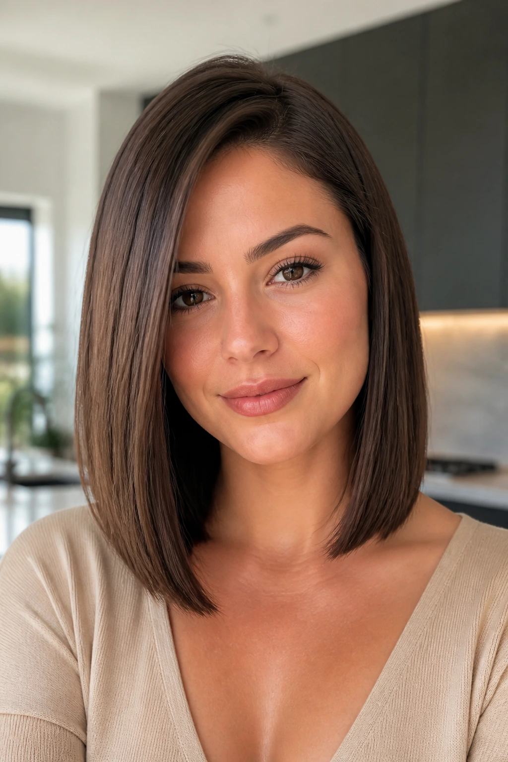 Portrait of a woman with a sleek straight lob and off-center part.