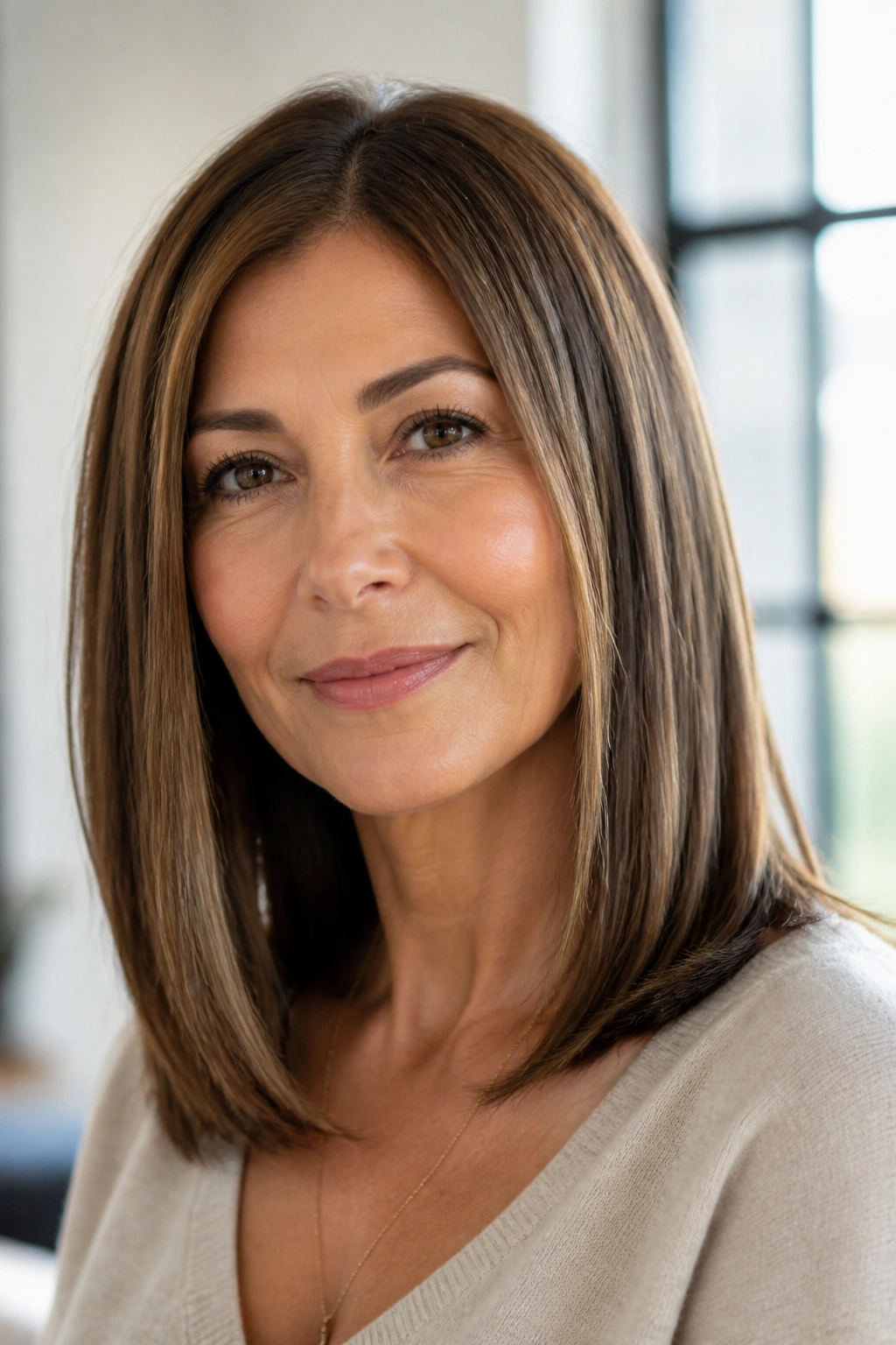 Sleek straight mid cut on real woman with glossy ends