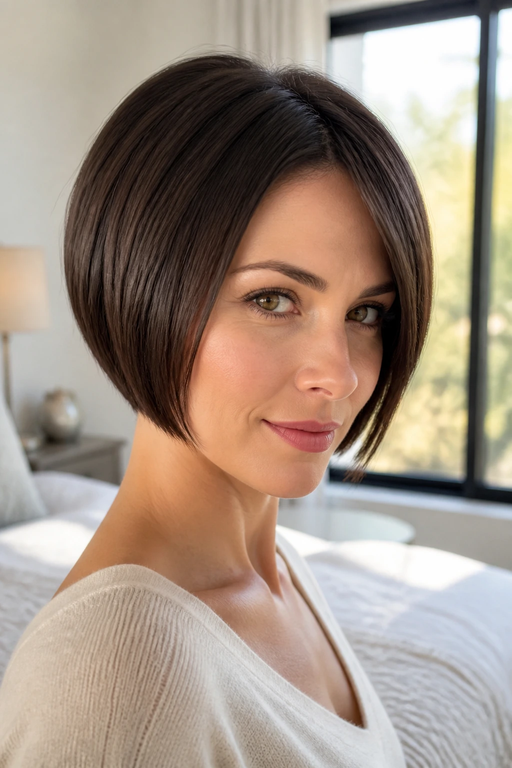 Portrait of a woman with a sleek straight pixie bob at a window-lit room