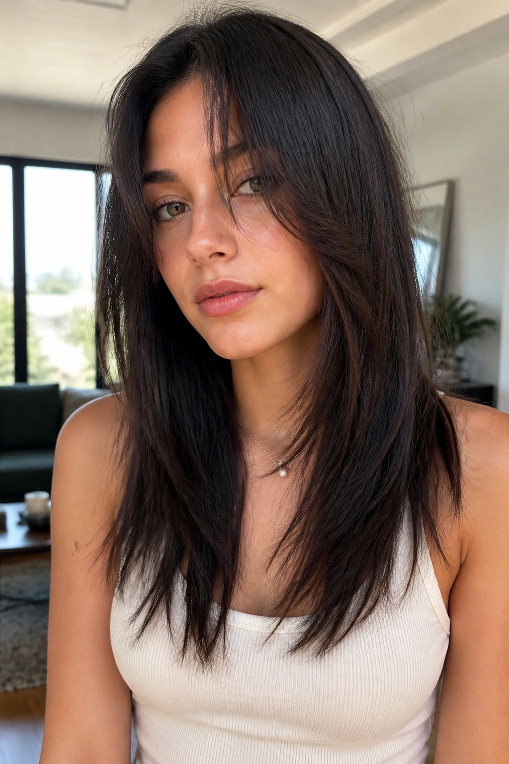 Portrait of a woman with sleek straight-hair long shag showing subtle layers