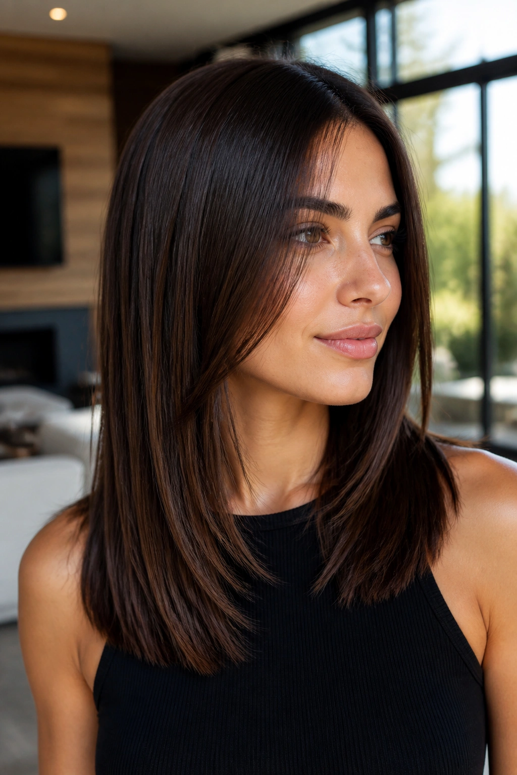 Portrait of a real person with a sleek straight shoulder-length step cut