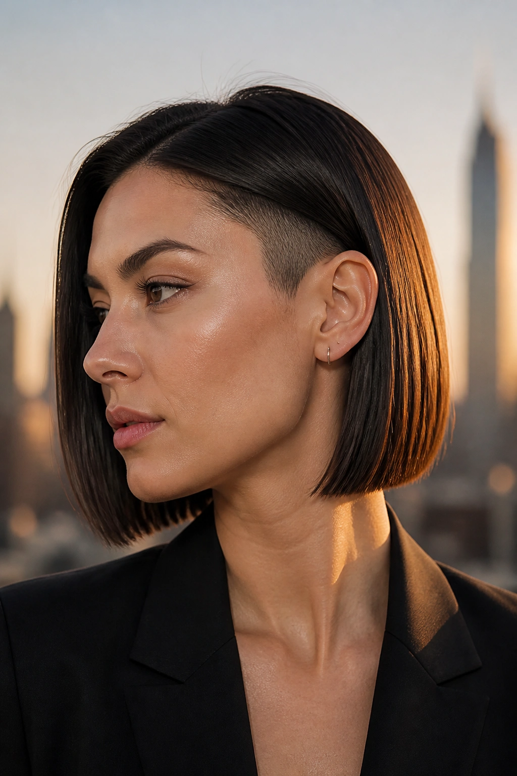 Real woman with a sleek straight undercut bob in golden-hour rooftop light.