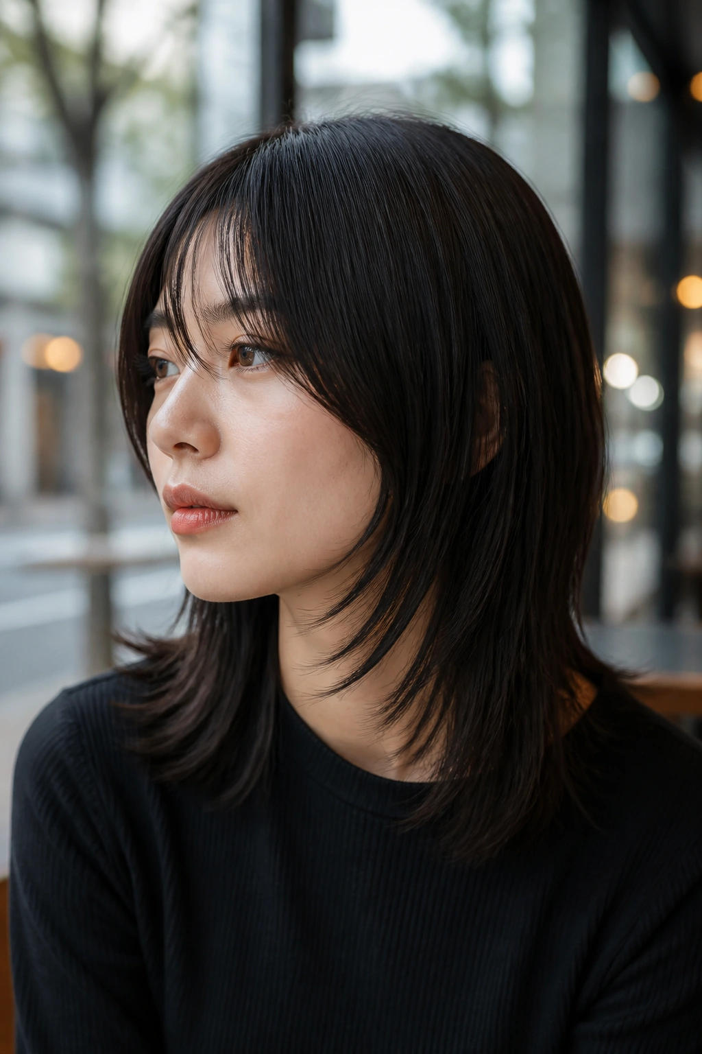 Close-up portrait of a real person with sleek straight wolf cut