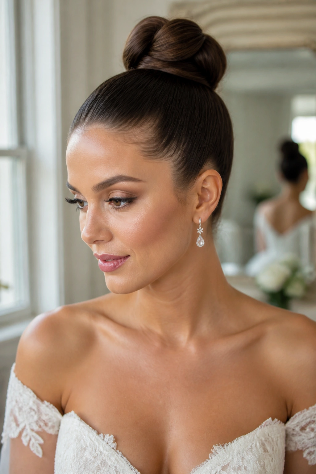Close-up of a real bride with a sleek top knot and clean sides.