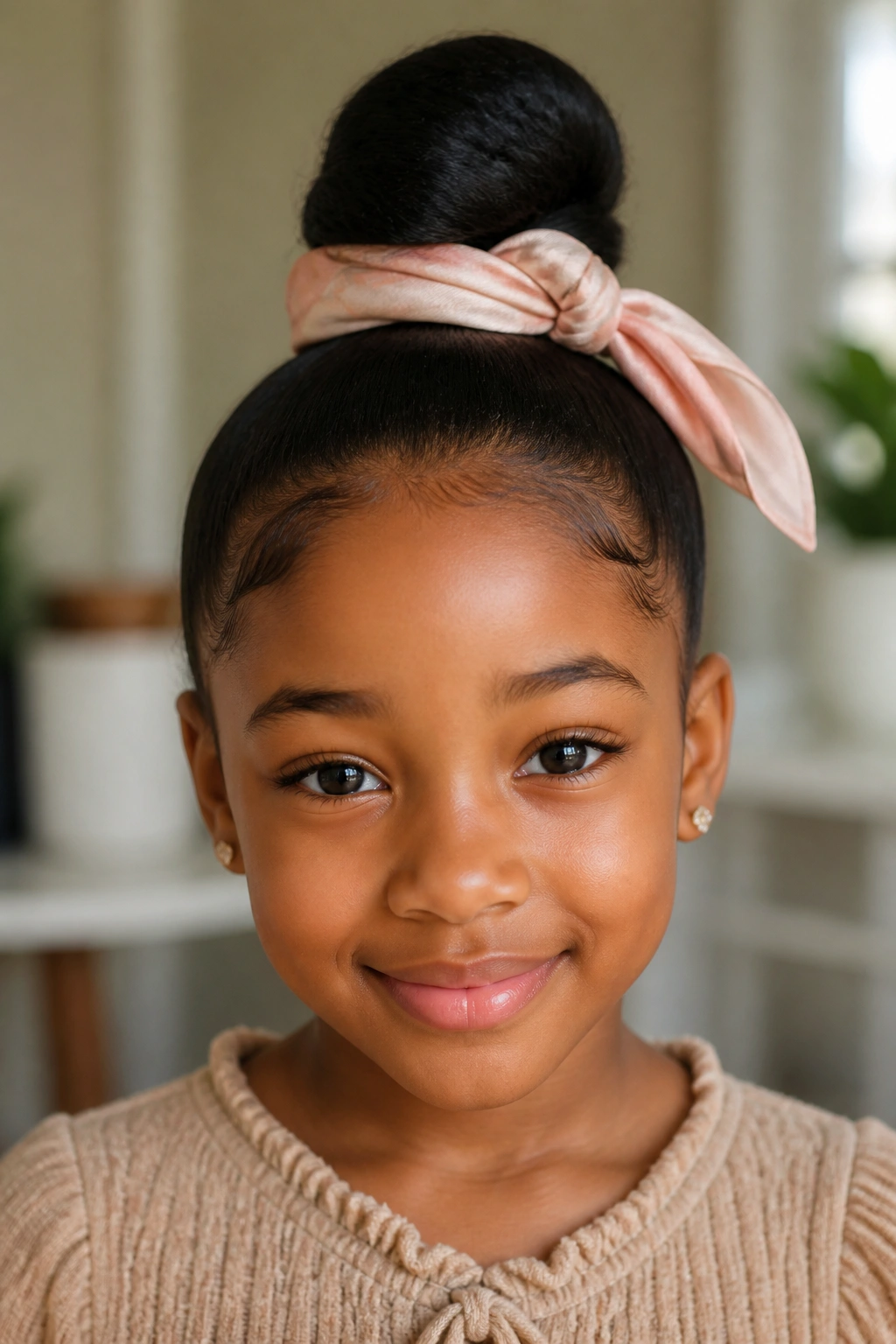 Close-up of a child with a sleek top knot and a soft scarf at the base