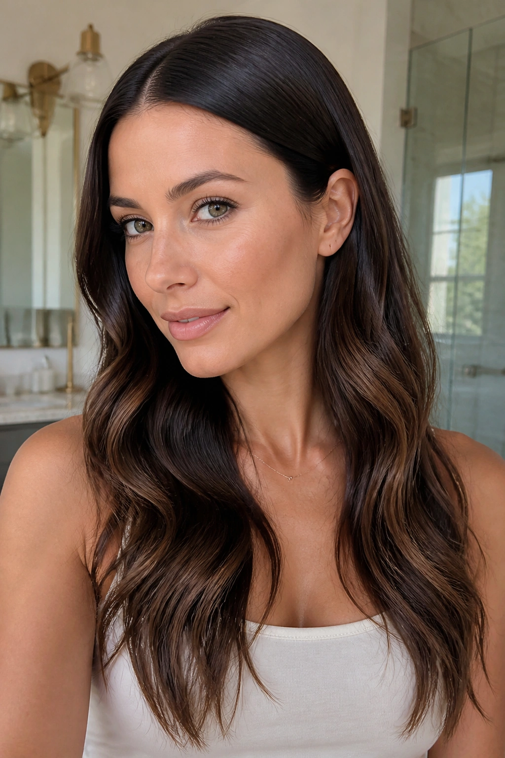 Close-up of a real woman with a sleek top section and loose waves