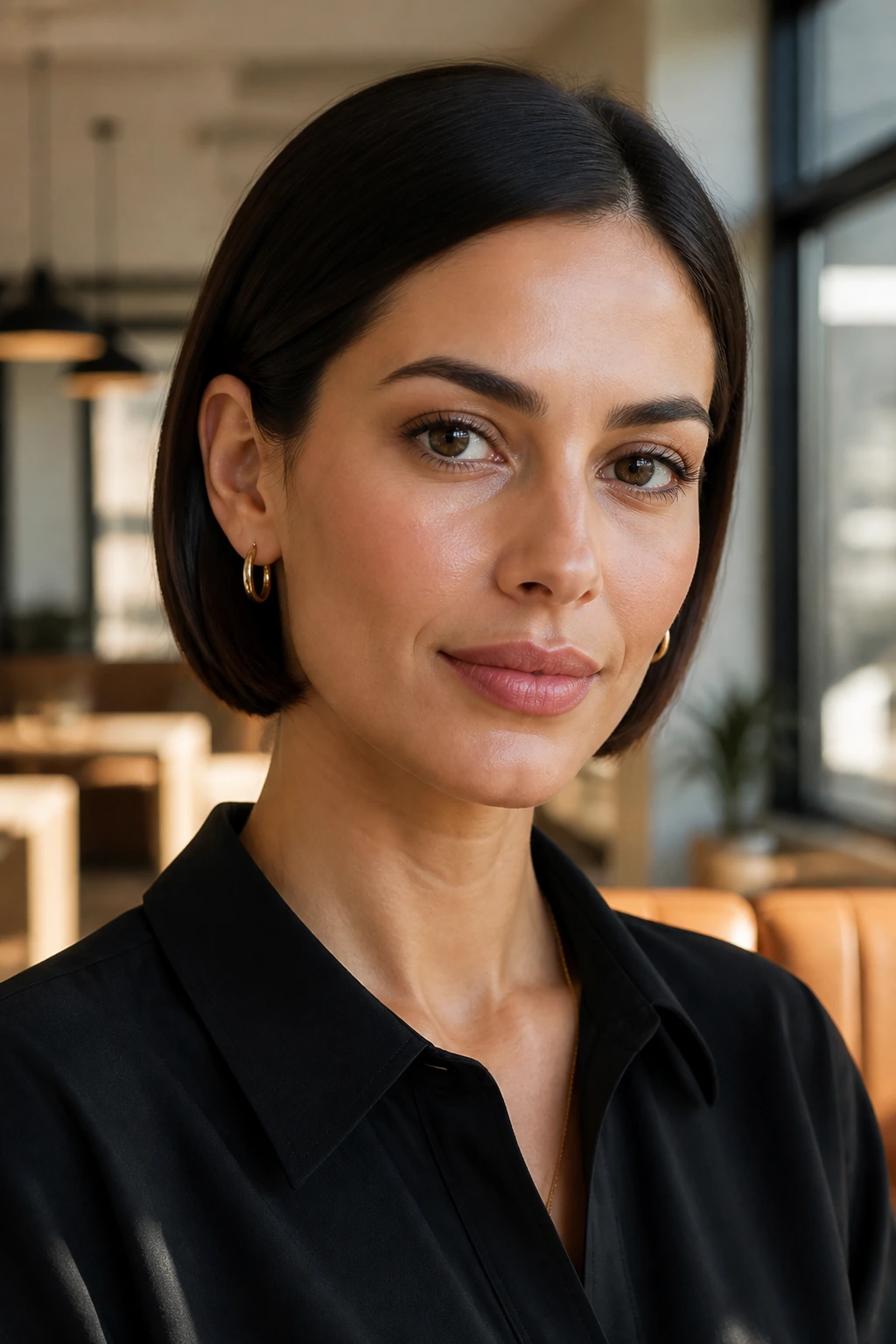 Close-up portrait of a real woman with Sleek Tucked Bob, hair tucked behind ears.