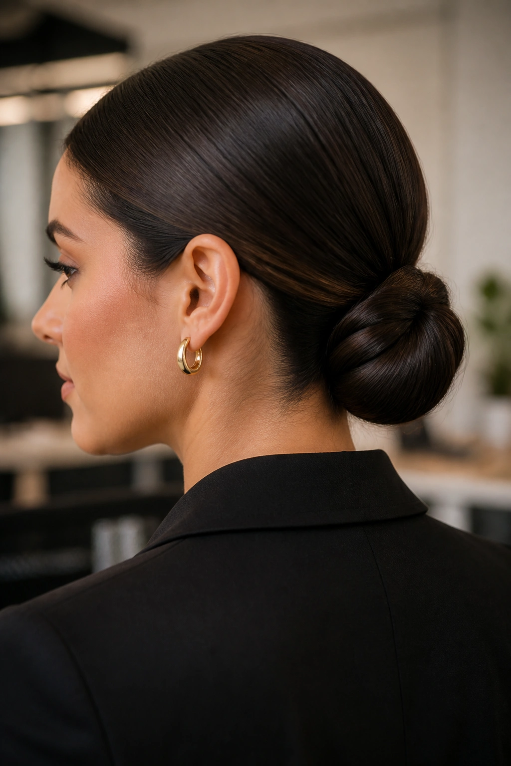 Close-up portrait of a real woman with a sleek low twist bun at the nape