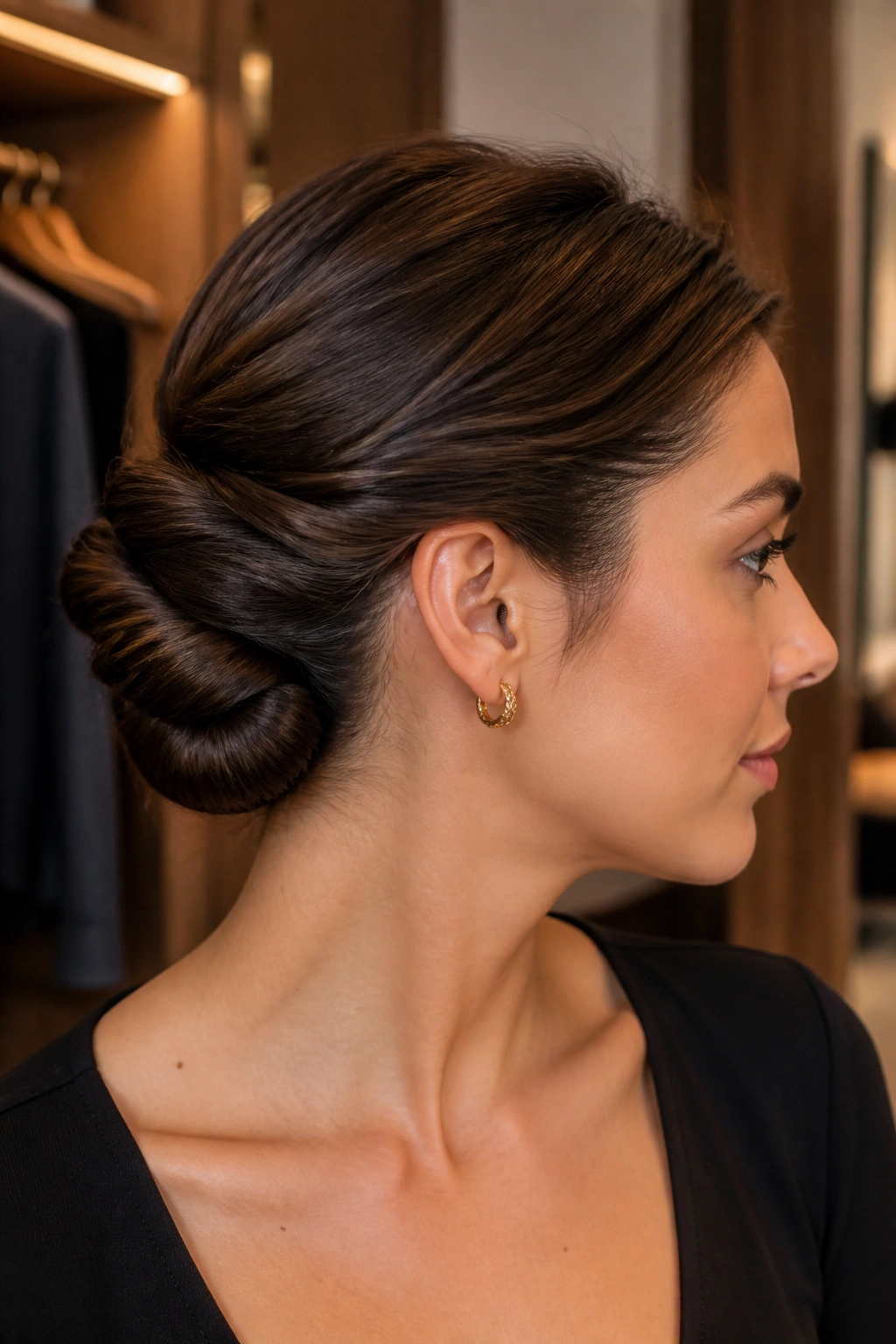 Close-up portrait of a real woman with a sleek twisted chignon at the nape