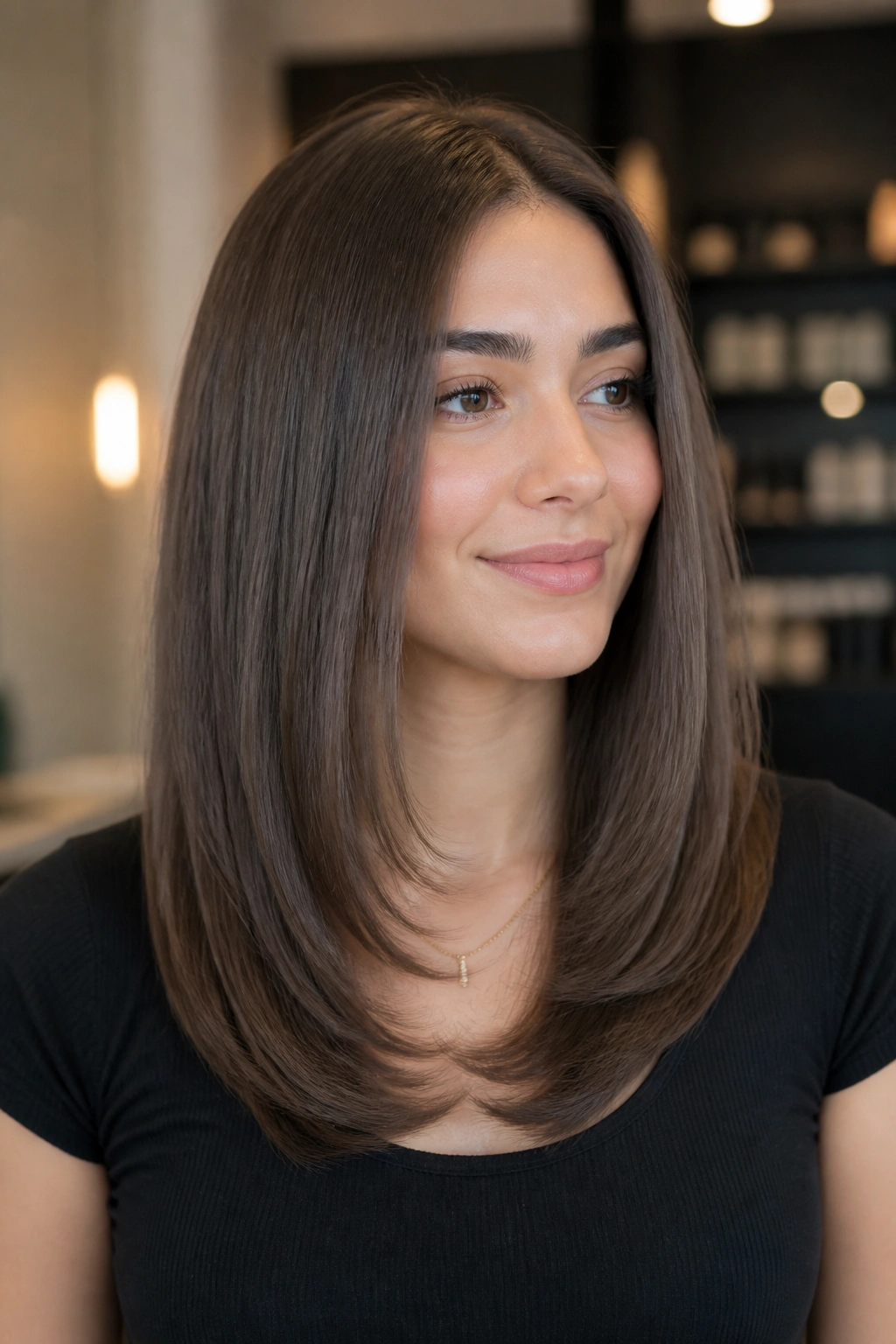 Real woman with sleek U-shape layered cut filling the frame