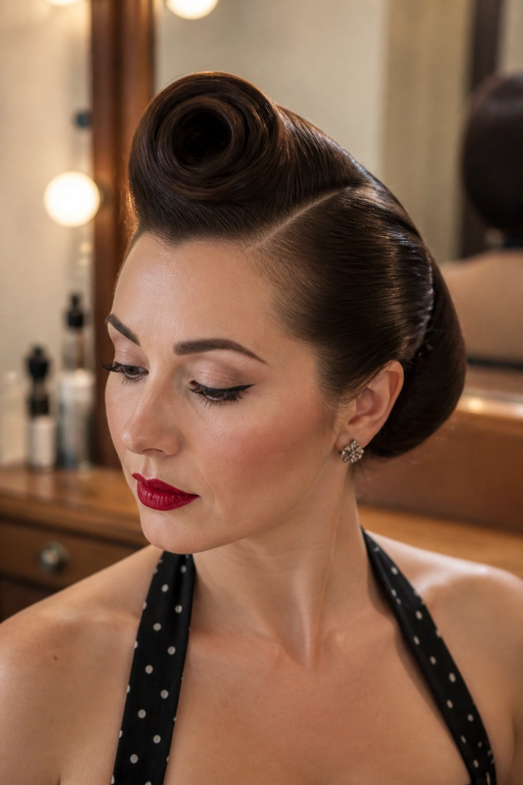 Close-up of a real woman with a glossy victory roll and side part.