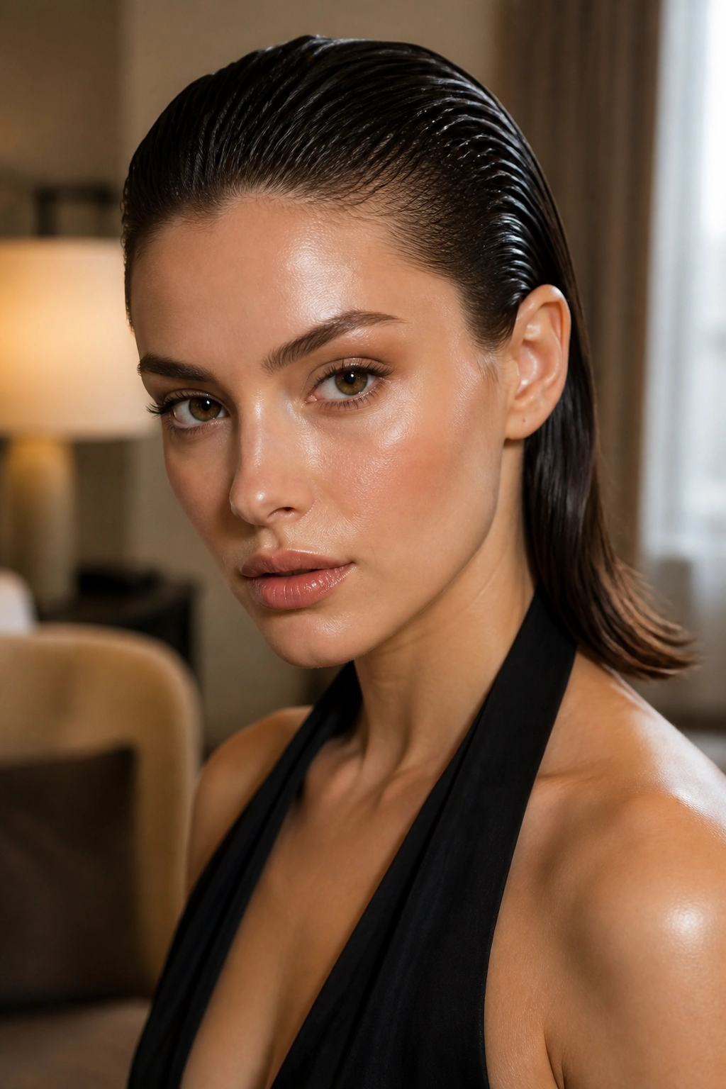 Close-up portrait of a real woman with Sleek Wet-Look Tuck Behind the Ears hairstyle