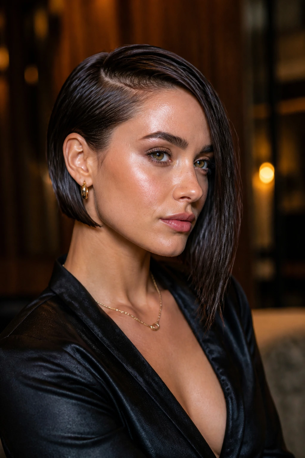Real woman with sleek wet-look asymmetric bob